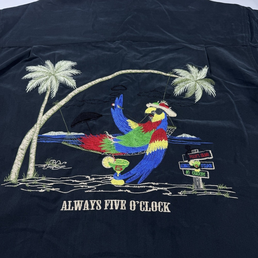 Vintage Bamboo Cay "It's Always 5 O'clock" Shirt  Button Up Hawaiian Parrot Blue